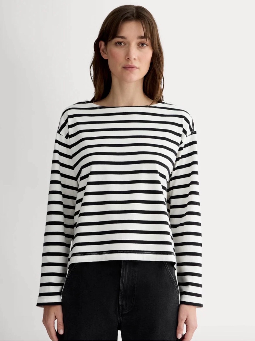 Everlane Black and White Striped Long-Sleeve Boatneck Tee